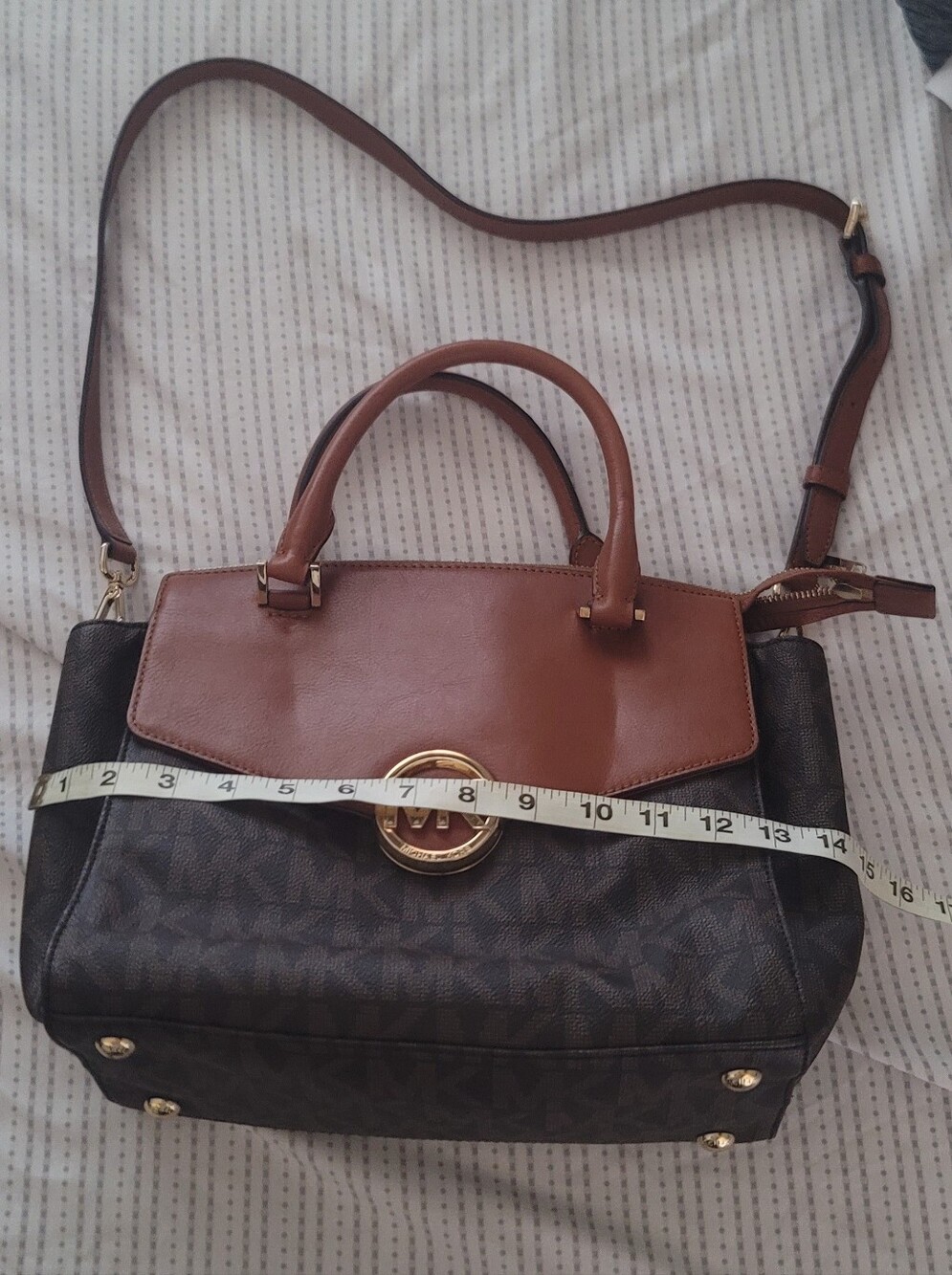 Michael Kors Brown Logo Satchel with Tan Flap and Gold Hardware